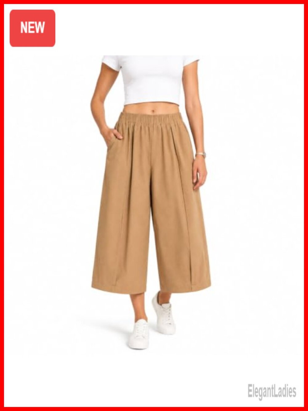 High Waisted Wide Leg Cropped Palazzo Trousers with Pockets